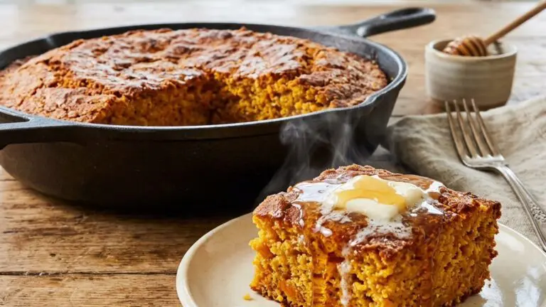 Stunning plated serving of Sweet Potato Corn Bread, a chef-tested recipe by Chef Jorj Morgan.
