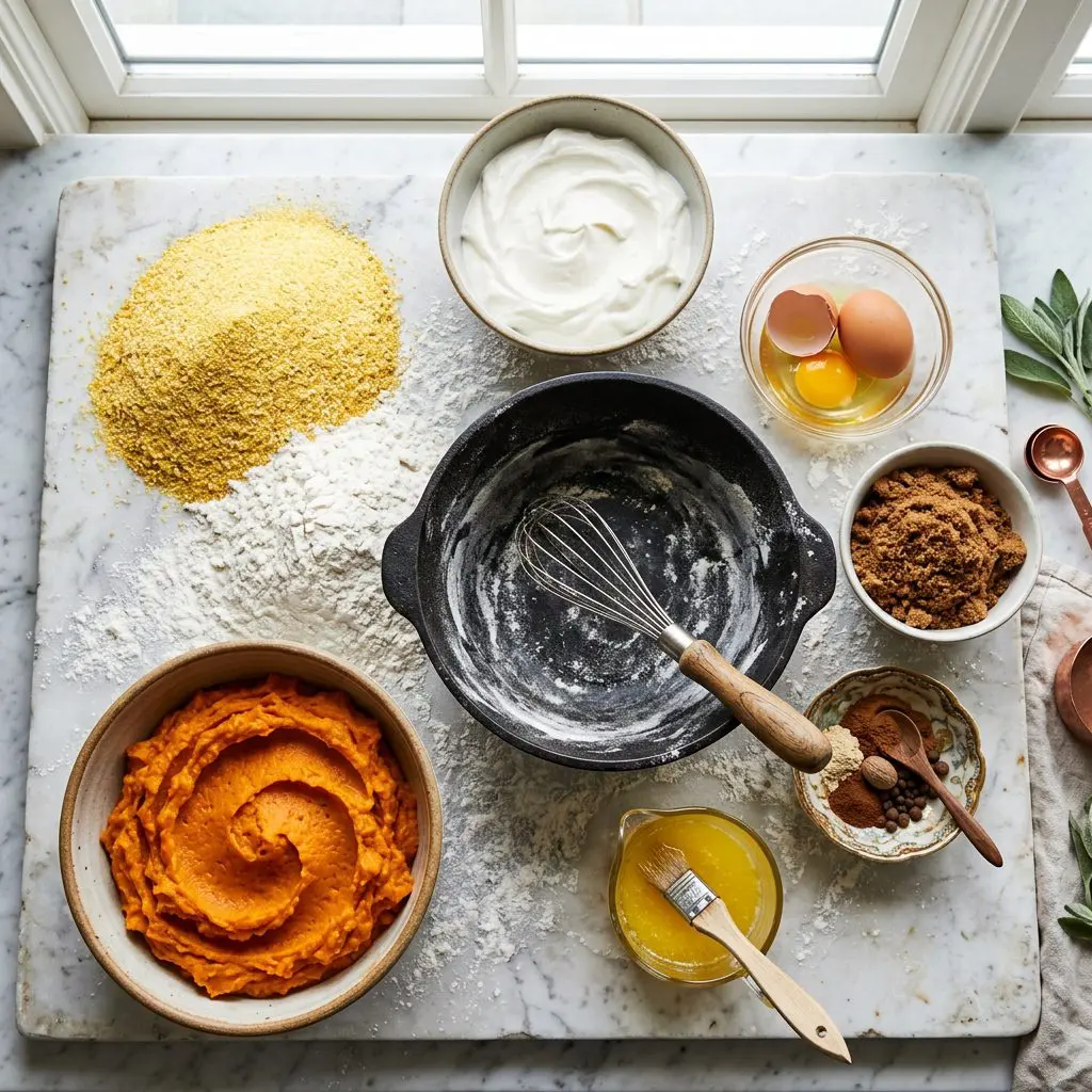 Ingredients arranged: massive mounds of coarse yellow cornmeal, stark white unbleached flour, large bowls of intensely vibrant orange sweet potato puree, thick white sour cream, raw eggs, dark brown sugar, warm spices, and vibrant yellow melted butter surrounding a heavy metal mixing bowl on a floured marble prep board.
