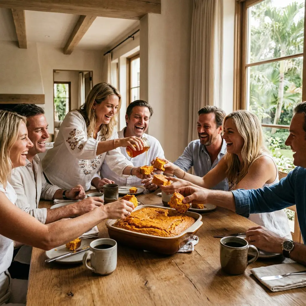 8 guests gathered tightly around a laden, sun-drenched rustic dining table, laughing loudly, pulling apart massive, steaming-hot squares of orange sweet potato cornbread directly from a heavy baking pan, drizzling them with thick amber honey while drinking steaming dark coffee from large mugs in a Palm Beach Estate. A massive pan of decadent cornbread anchors the lively coastal afternoon party.