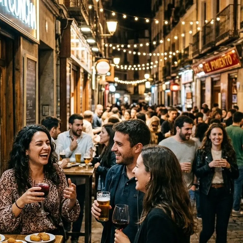 A highly atmospheric, cinematic editorial lifestyle photograph capturing the vibrant mood of a late-night tapas crawl in Madrid, Spain.