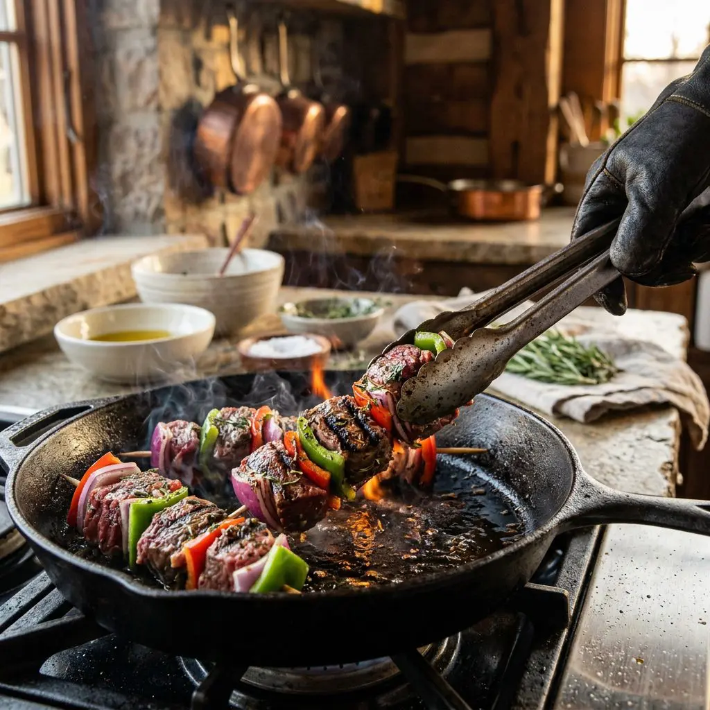 Close-up action shot of colorful, raw Tenderloin Steak Kabobs vigorously sizzling and taking on deep grill marks on a smoking hot cast-iron grill pan, being gently rotated with heavy metal tongs