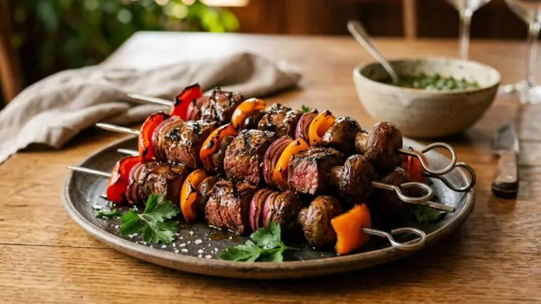 Stunning plated serving of Tenderloin Steak Kabobs with Mushrooms, Peppers, and Onions, a chef-tested recipe by Chef Jorj Morgan.