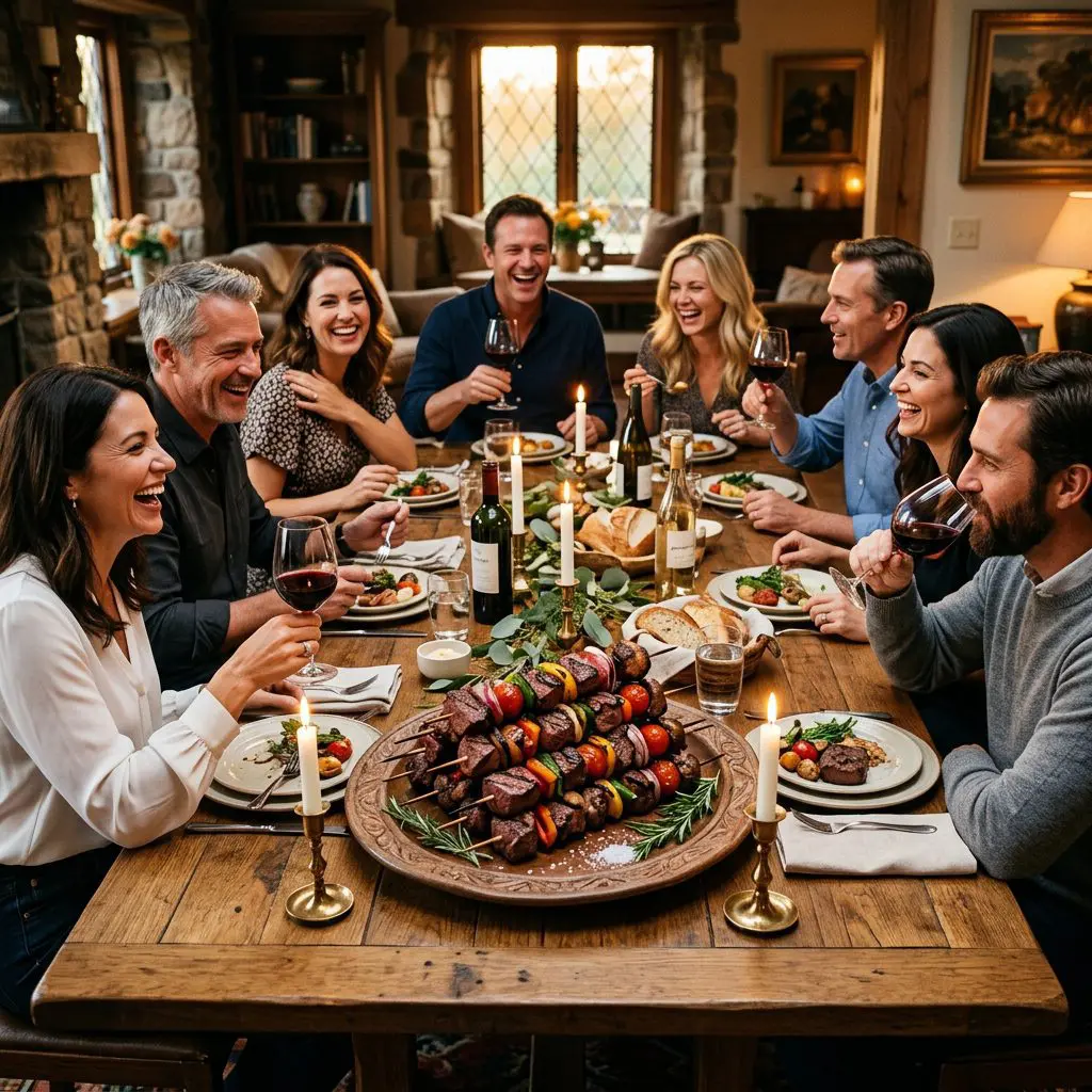 8 guests gathered around the table laughing, eating, and drinking wine, with a large rustic platter of stacked Tenderloin Steak Kabobs in the center as the anchor.