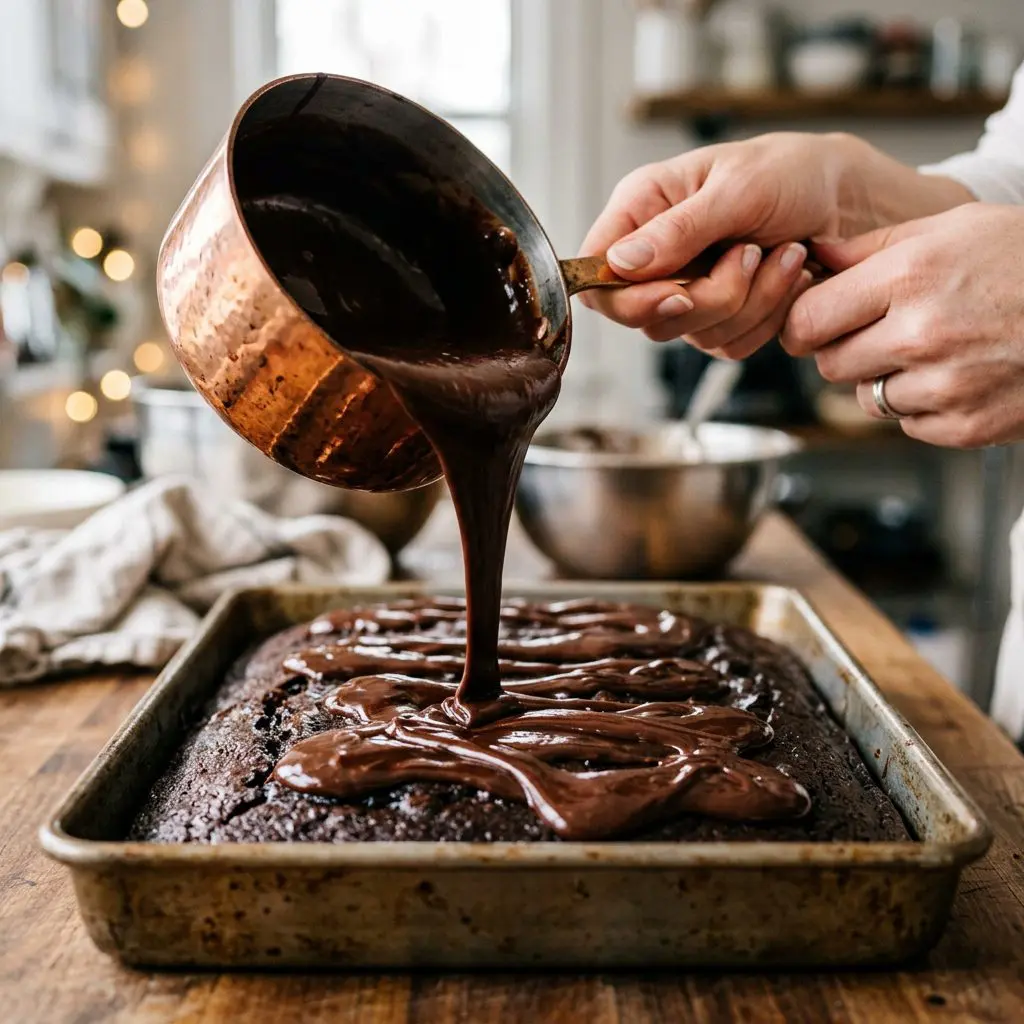 Clean hands gently pouring warm, glossy, decadent chocolate fudge frosting from a copper saucepan over a freshly baked chocolate sheet cake in a metal pan. Thick ribbons of chocolate are cascading across the cake's surface, reflecting the warm ambient light.