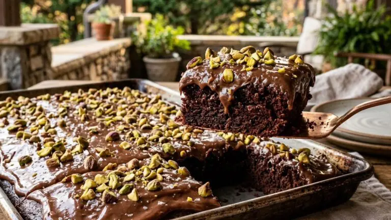 Stunning plated serving of Texas Sheet Cake, a chef-tested recipe by Chef Jorj Morgan.