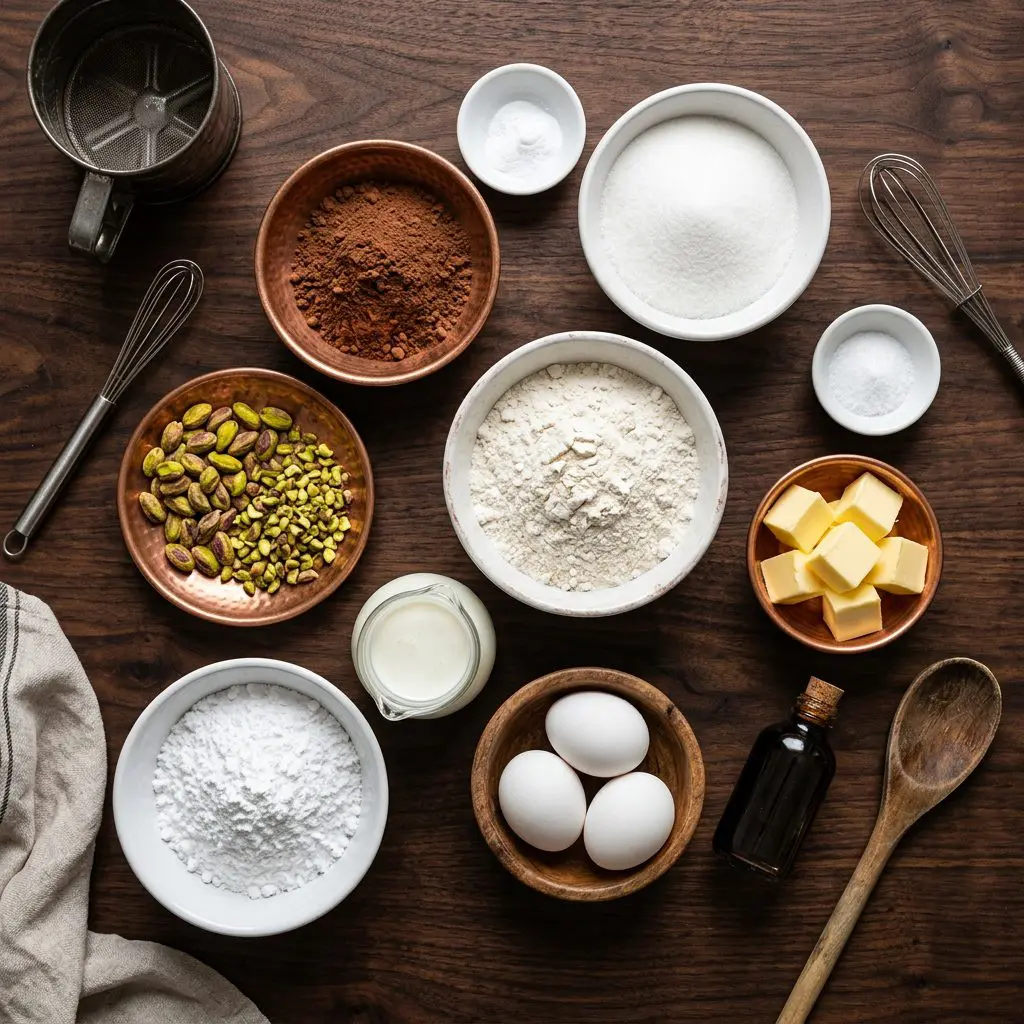 The raw ingredients (mise en place) for a Texas Sheet Cake, styled on a dark walnut estate table. Organized in small copper and white porcelain bowls are: unbleached all-purpose flour, granulated sugar, baking soda, kosher salt, golden room-temperature butter, cocoa powder, fresh buttermilk in a glass pitcher, fresh eggs in a rustic wooden bowl, vanilla extract, powdered sugar, and vibrant green whole and chopped toasted pistachios.