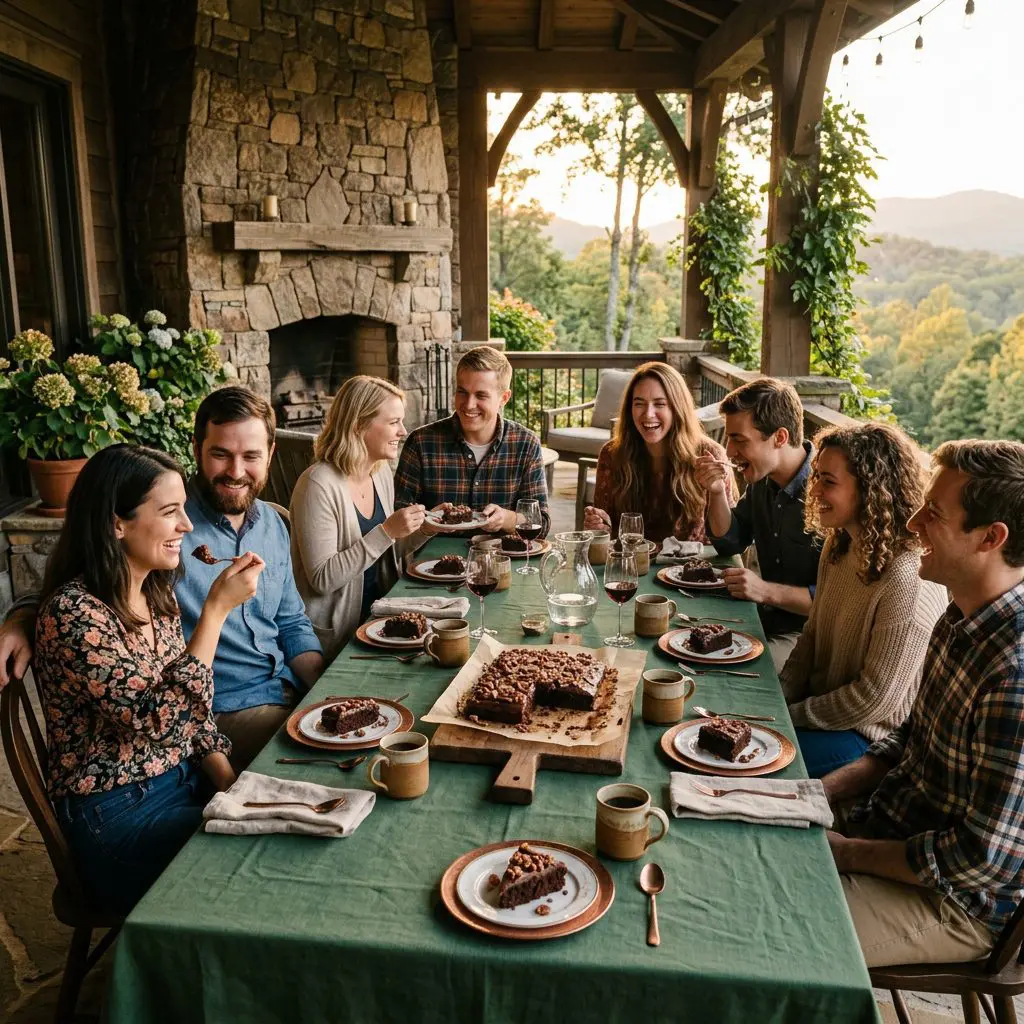 Exactly eight young adult guests enjoying slices of Texas Sheet Cake together. They are gathered around a long dining table draped in forest-green linen on a beautiful, rustic-veranda of a North Carolina Estate at golden hour. On the table are copper and porcelain plates with slices of cake, a rustic wood serving board, and warm mugs of coffee.