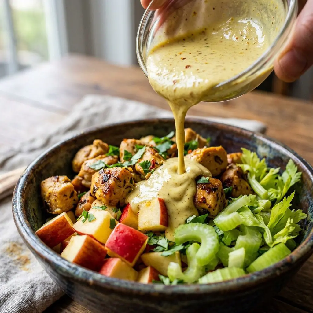 Extreme close-up action shot pouring a creamy, curry-spiced dressing over cubed roasted chicken, apples, and celery