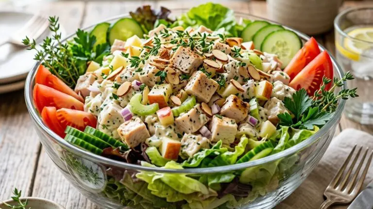 Stunning plated serving of Thyme-Roasted Chicken Salad with Apples and Almonds, a chef-tested recipe by Chef Jorj Morgan.