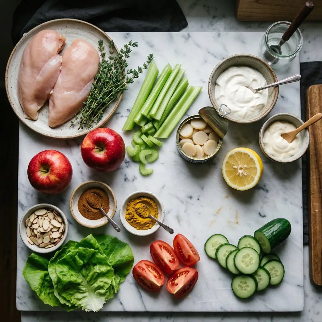 Overhead prep shot of raw chicken breasts, fresh thyme, apples, celery, water chestnuts, sour cream, mayonnaise, lemon, cinnamon, curry powder, almonds, lettuce, tomatoes, and cucumbers