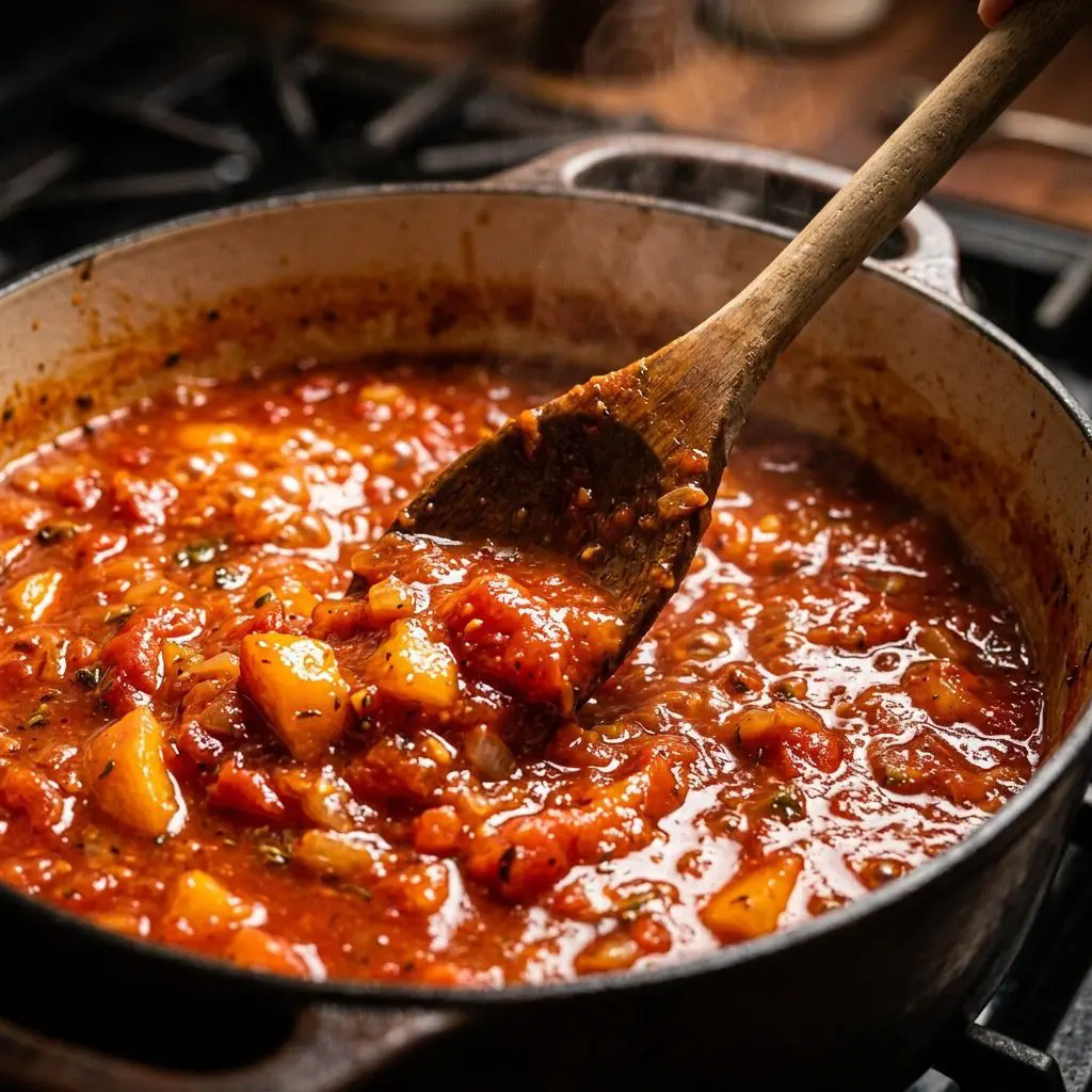 Extreme close-up action shot using a long wooden spoon to slowly stir a thick, bubbling, deeply vibrant red-orange mixture of diced tomatoes, soft peaches, and peppers