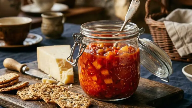 Stunning plated serving of Tomato and Peach Chutney, a chef-tested recipe by Chef Jorj Morgan.