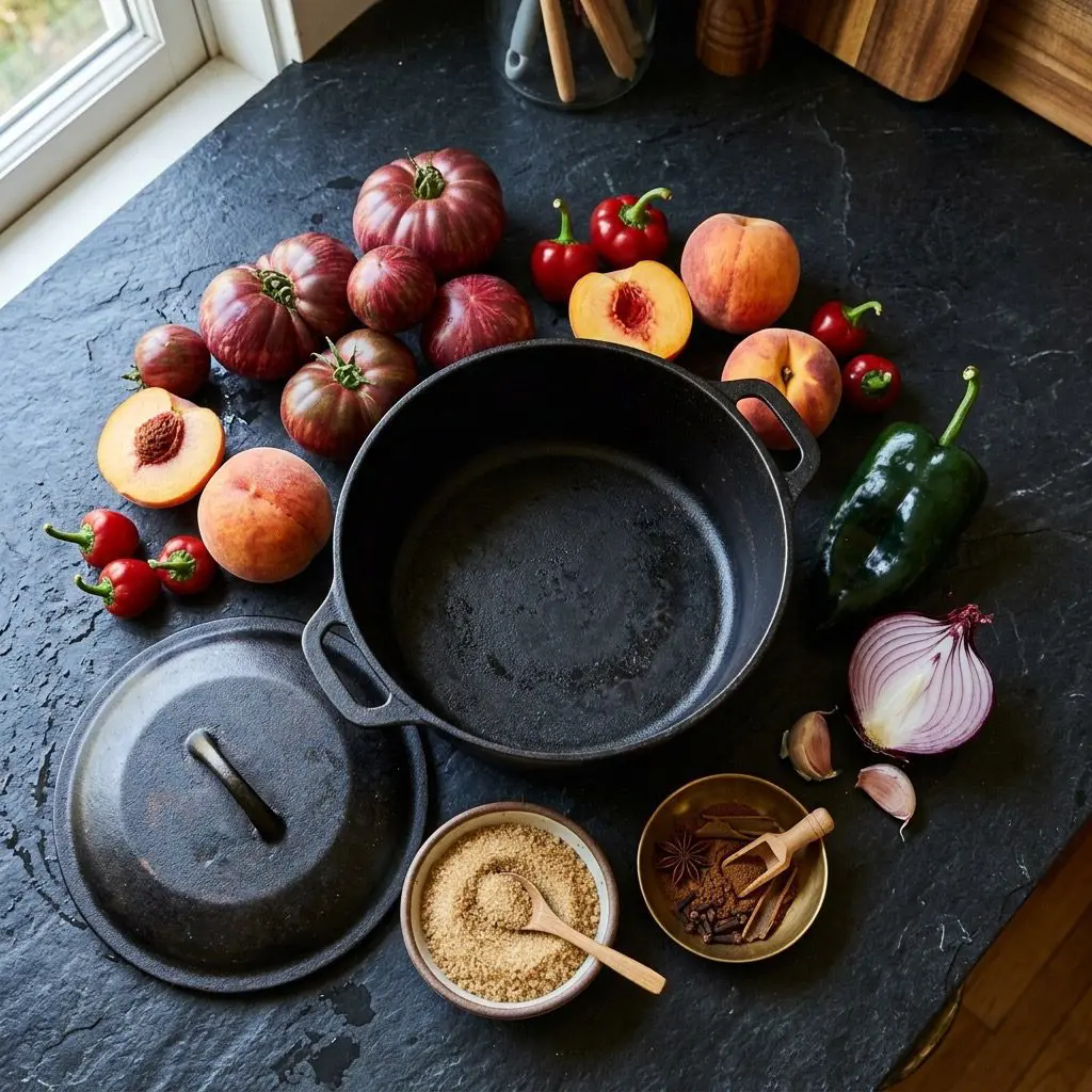 Overhead prep shot of fresh ingredients for Tomato and Peach Chutney, including striped summer tomatoes, ripe peaches, peppers, onions, brown sugar, and spices around a cast-iron pot