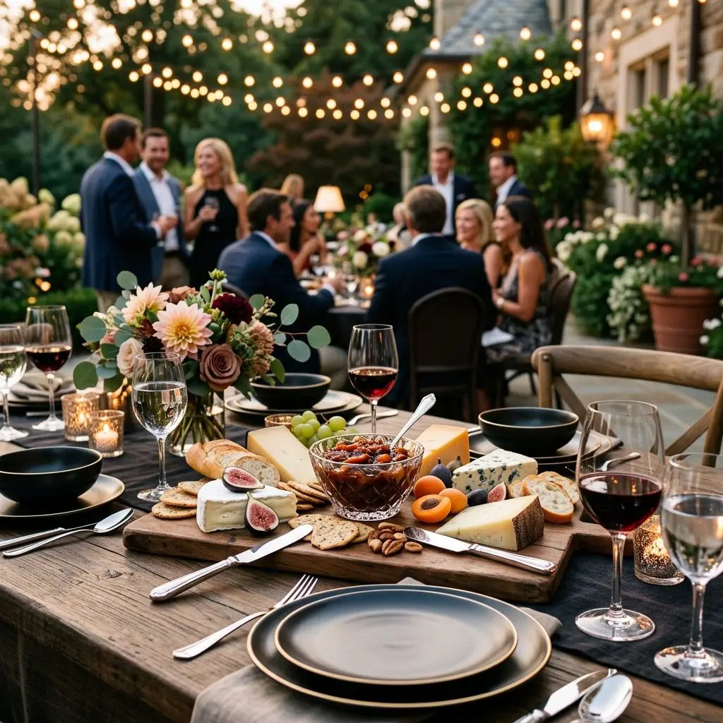 An elegant, formal late-summer outdoor dinner table setting featuring a beautiful cheese board anchored by a small crystal bowl of Tomato and Peach Chutney, with a warm gathering in the background
