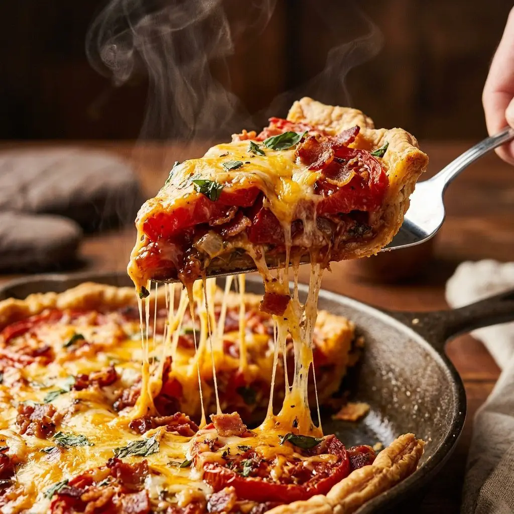 Extreme close-up action shot lifting a thick, deeply savory slice of Tomato Pie, with dramatic stretching melted cheddar and mozzarella cheese revealing layers of tomatoes and bacon
