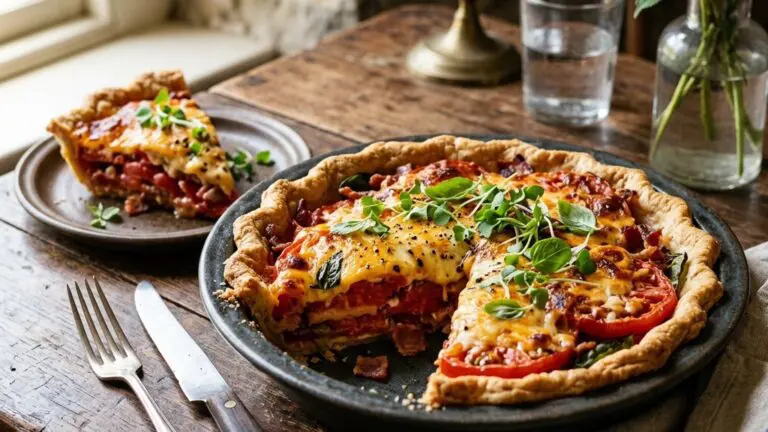 Stunning plated serving of Tomato Pie, a chef-tested recipe by Chef Jorj Morgan.