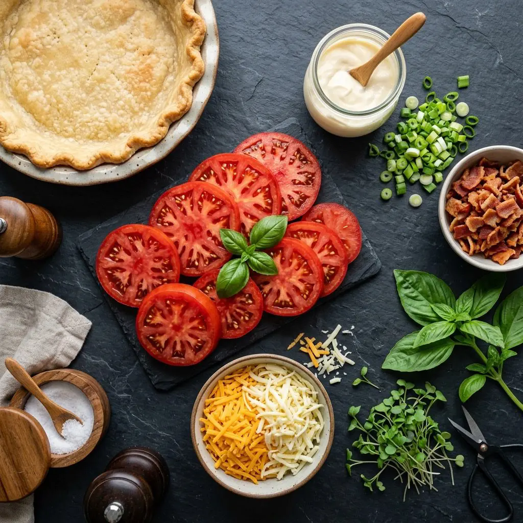 Overhead prep shot of fresh ingredients for Tomato Pie, including thick slices of red summer tomatoes, a parbaked crust, crumbled bacon, cheeses, mayonnaise, and fresh herbs