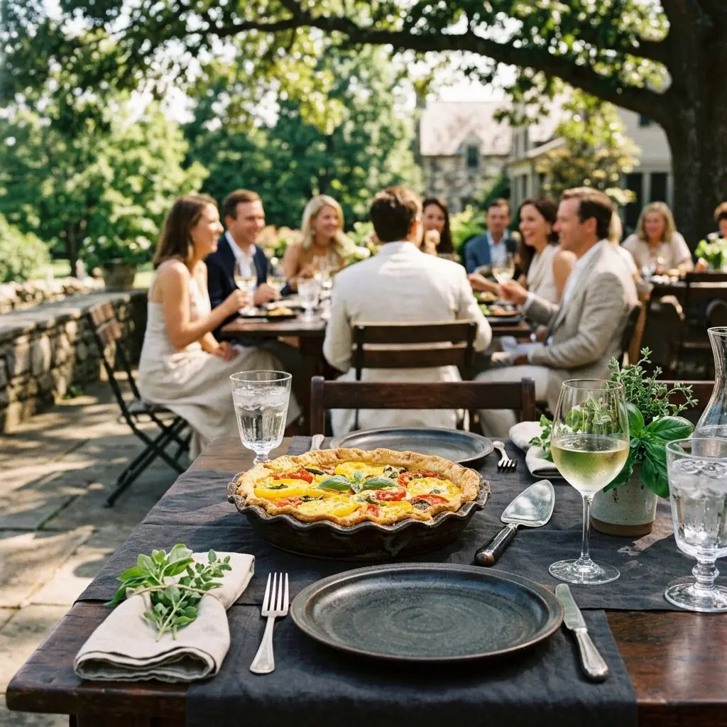 An elegant, formal late-summer outdoor luncheon table setting featuring a dark ceramic dish of beautiful golden Tomato Pie, with a sophisticated gathering in the background