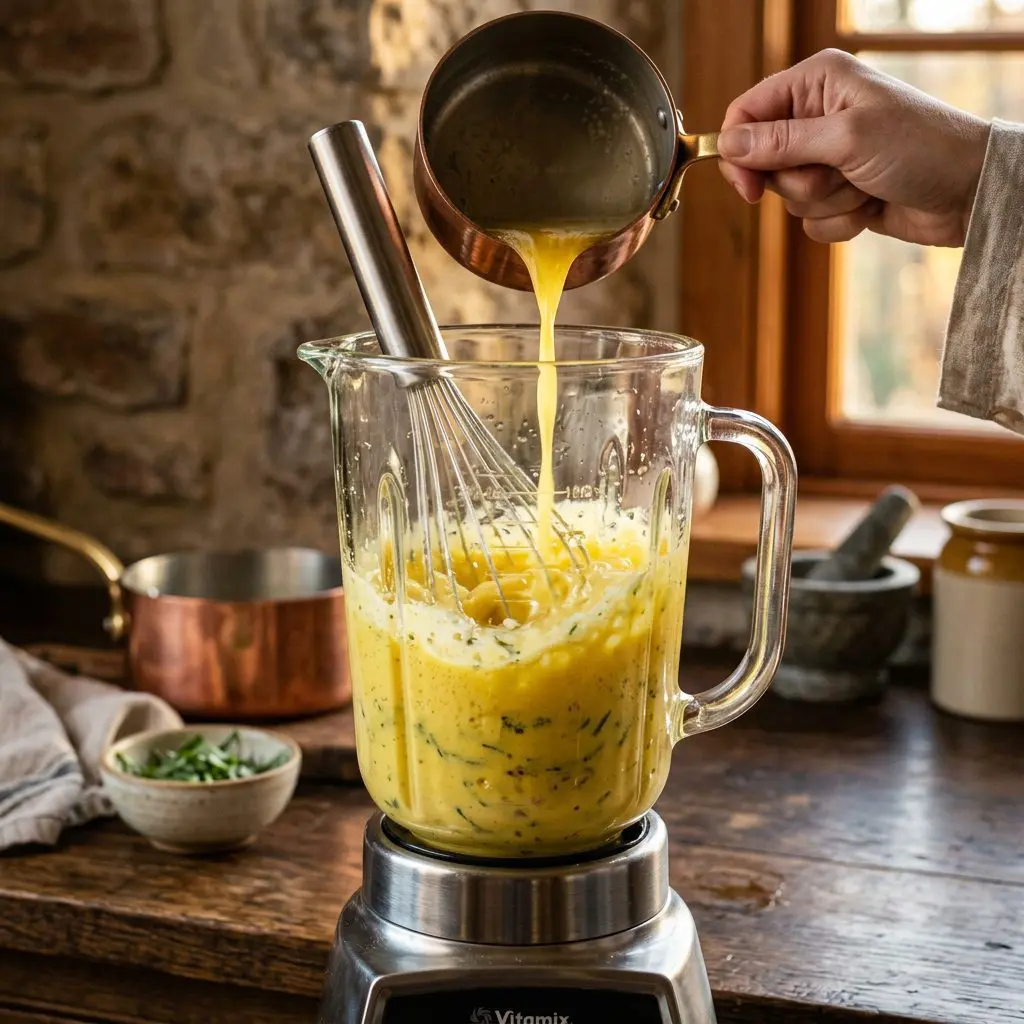 Close-up action shot of a bright, buttery yellow Béarnaise sauce being vigorously whisked and emulsified inside a glass blender jar, with hot melted butter being slowly streamed in from above