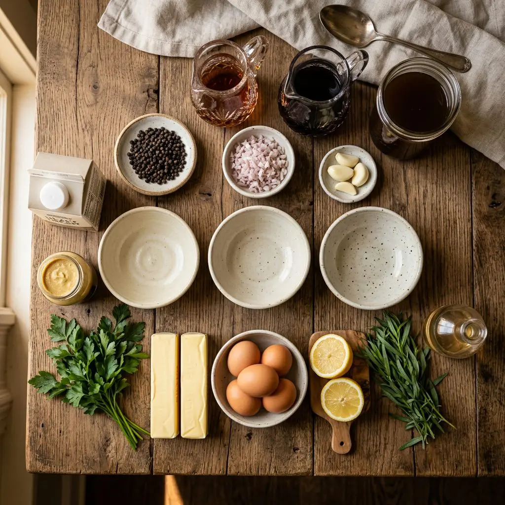 Raw ingredients for three classic steak sauces arranged: whole black peppercorns, minced shallots, garlic cloves, a small crystal pitcher of cognac, a small crystal pitcher of red wine, a glass jar of beef stock, heavy cream, Dijon mustard, fresh parsley sprigs, sticks of golden butter, fresh eggs, lemon halves, fresh tarragon, and white balsamic vinegar, arranged around three small empty ceramic bowls.