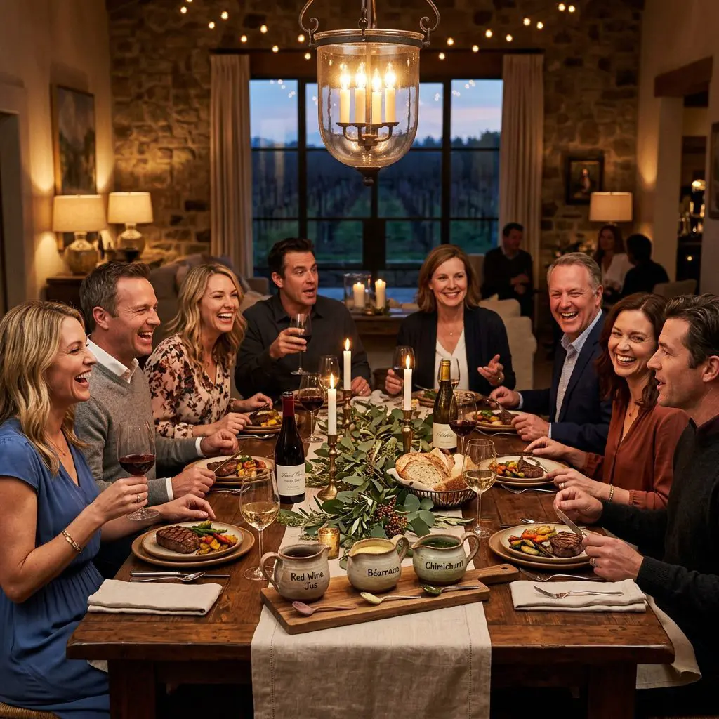 8 guests gathered around the table laughing, eating, and drinking wine, with three rustic ceramic gravy boats containing different Steak Sauces placed in the center as the anchor.