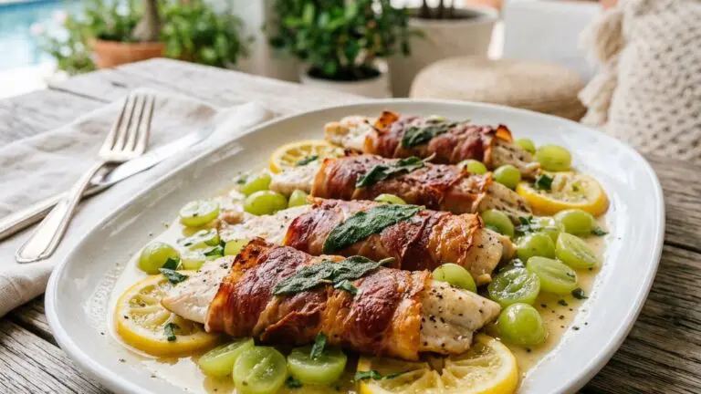 Stunning plated serving of Trout Saltimbocca with a Veronique Sauce, a chef-tested recipe by Chef Jorj Morgan.