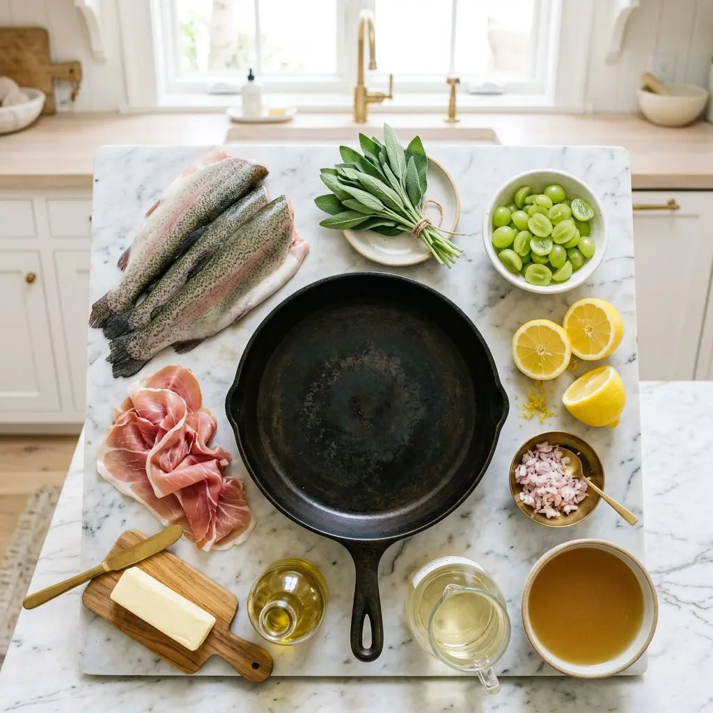 Ingredients arranged: four raw trout fillets, thin slices of rich pink prosciutto, a bunch of fresh green sage leaves, vibrant green halved grapes, bright yellow lemons, minced shallots, a stick of cold butter, olive oil, white wine, and chicken stock around a heavy skillet on a marble prep board.