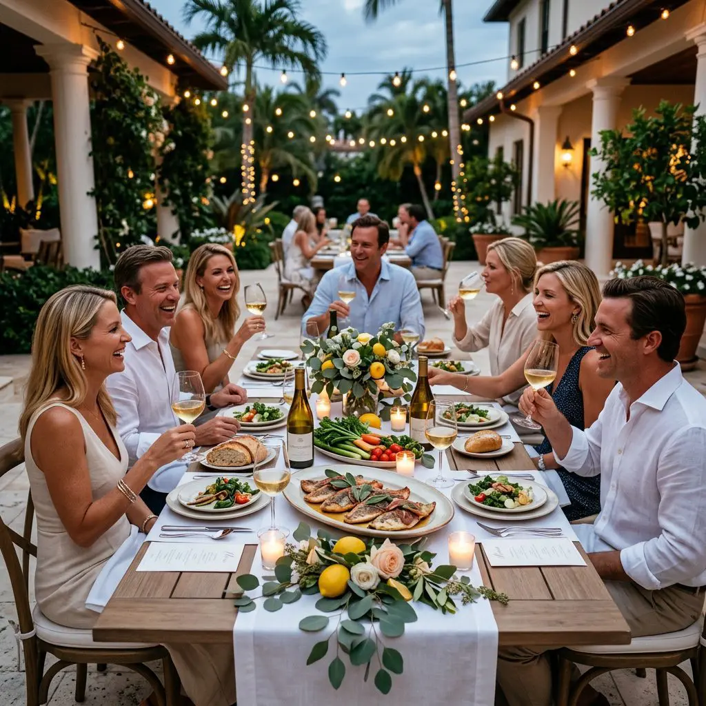 8 guests gathered around the table laughing, eating, and drinking icy, rich Chardonnay in wide-bowled glasses on a Palm Beach Estate dining patio featuring crisp white linens. A massive platter of Trout Saltimbocca anchors the curated dinner party.
