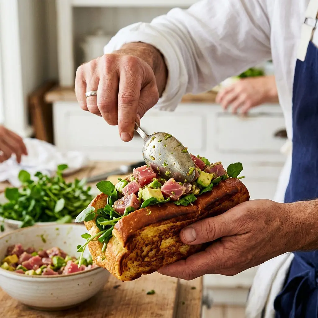 A cook's hand using a heavy silver spoon to stuff a vibrant mixture of rare pink tuna cubes and bright green avocado into a golden-brown, buttered, warm top-split bun lined with fresh watercress.