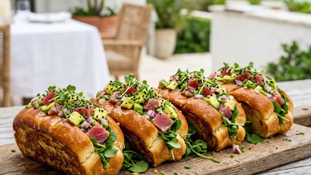 Stunning plated serving of Tuna and Avocado Rolls, a chef-tested recipe by Chef Jorj Morgan.