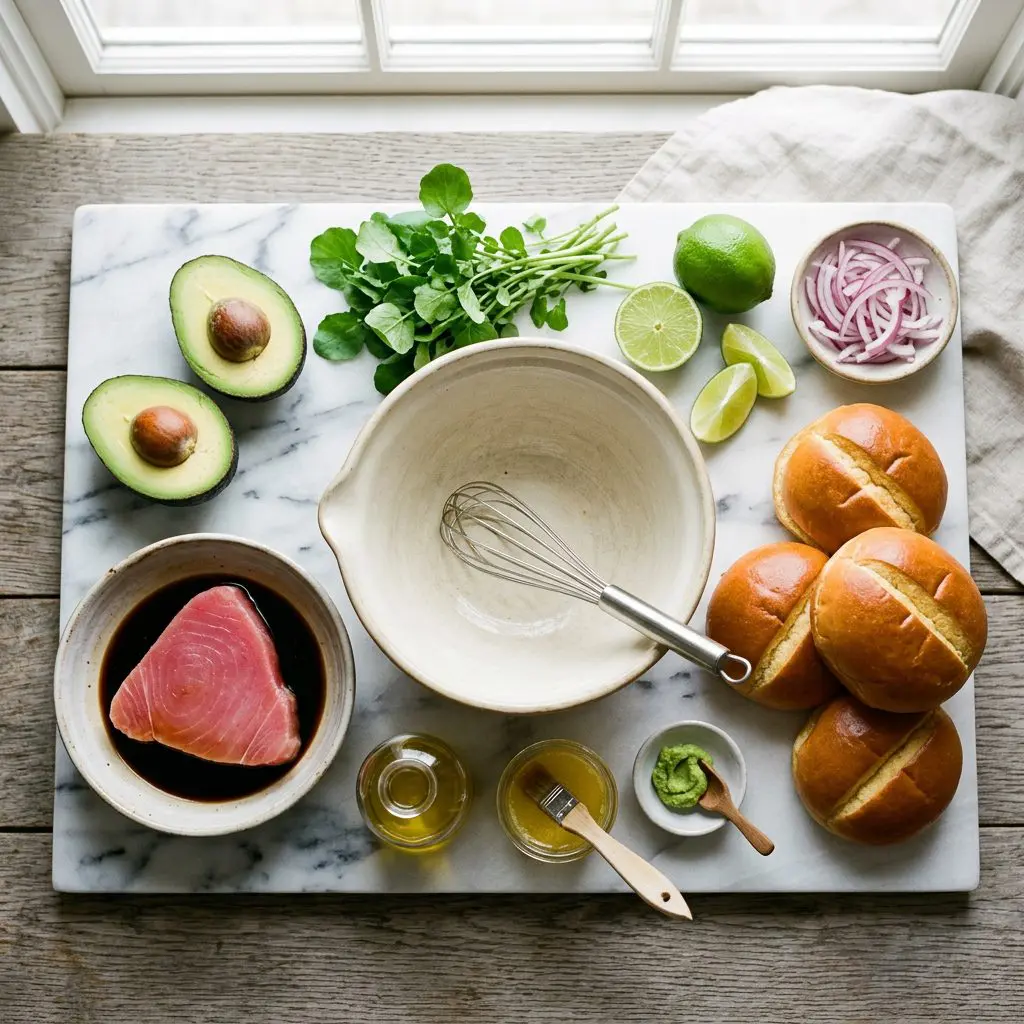 Ingredients arranged: a thick raw pink tuna steak soaking in dark soy sauce, halved avocados, bright green limes, sliced red onions, a bunch of crisp watercress, four top-split golden buns, melted butter, olive oil, and bright green wasabi paste around a heavy mixing bowl on a marble prep board.