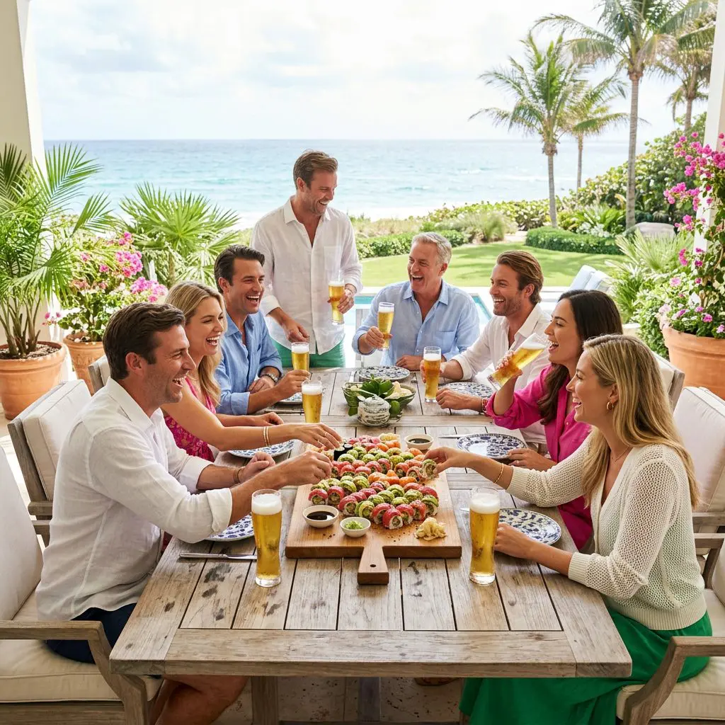 An outdoor sun-drenched coastal lunch setting with 8 guests gathered around the table laughing loudly, eating with their hands, and drinking ice-cold Japanese rice lagers in tall glasses on a Palm Beach Estate dining patio. A massive board of overflowing Tuna and Avocado Rolls anchors the lively coastal patio lunch party.