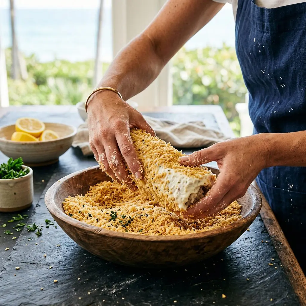 A cook's hands dredging a thick, dense cylinder of chilled tuna and Gruyère béchamel into a rustic wooden bowl filled with coarse panko breadcrumbs, the white mixture coated in the golden flakes.