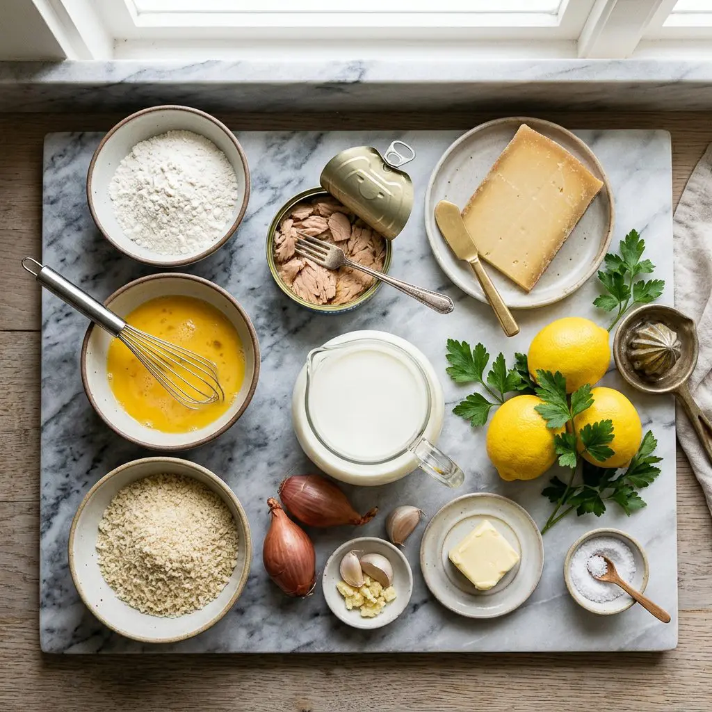 Ingredients arranged: an open can of oil-packed tuna, a heavy block of Gruyère cheese, a pitcher of rich milk, bright yellow lemons, fresh parsley, bowls of flour, beaten eggs, and panko breadcrumbs, alongside shallots, garlic, butter, and kosher salt on a heavy marble prep board.