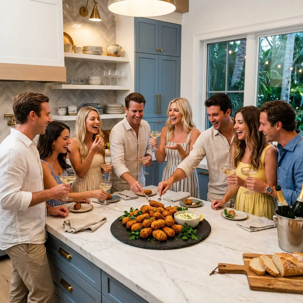 8 guests gathered tightly around a massive marble island laughing loudly, reaching for food, and drinking icy Champagne in coupes in a Palm Beach Estate kitchen. A massive slate board piled high with golden Tuna Croquettes anchors the lively coastal kitchen party.