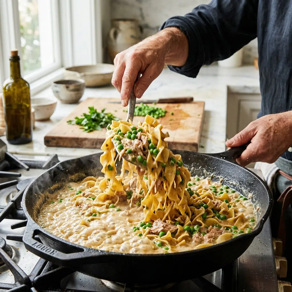 Close-up action shot of a cook's hands aggressively tossing wide egg noodles, bright green peas, and flaked tuna into a massive cast-iron skillet violently boiling with thick, rich sherry cream sauce.