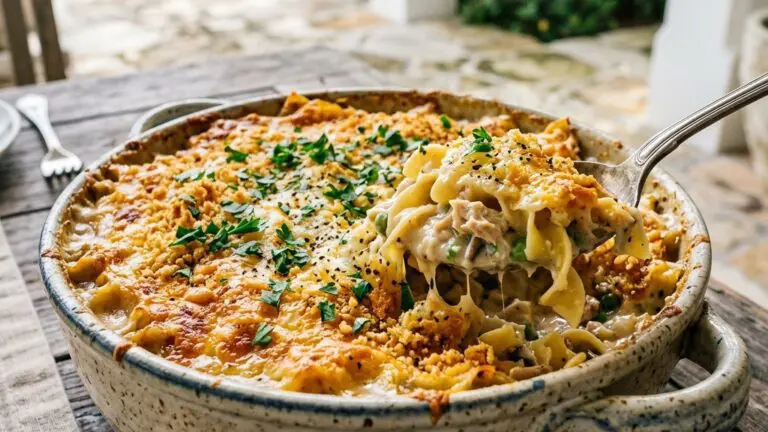 Stunning plated serving of Super Supreme Tuna Noodle Casserole, a chef-tested recipe by Chef Jorj Morgan.