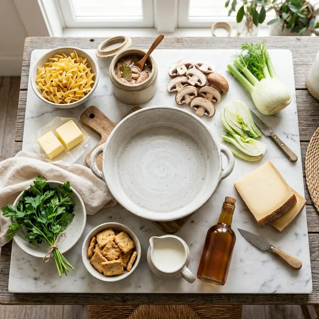 Ingredients arranged: wide egg noodles, an open can of oil-packed tuna, baby portobello mushrooms, fennel, heavy blocks of Gruyère cheese, a bottle of sherry, a pitcher of rich milk, buttery crackers, fresh parsley, and butter around a heavy ceramic baking dish on a marble prep board.