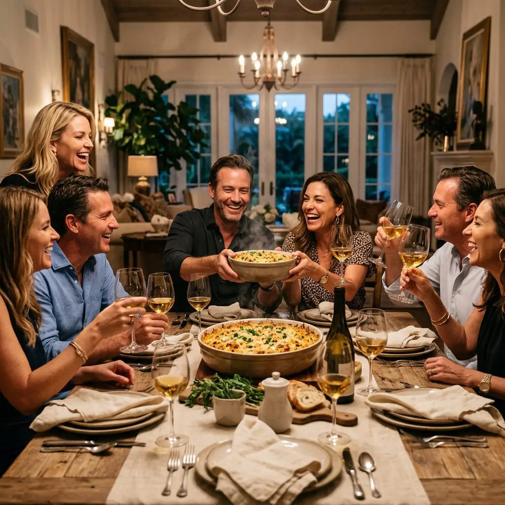 8 guests gathered tightly around a rustic table, laughing loudly, passing heavy bowls, and drinking oaked Chardonnay in glasses on a Palm Beach Estate. A massive steaming ceramic dish of Tuna Noodle Casserole anchors the lively coastal dinner party.