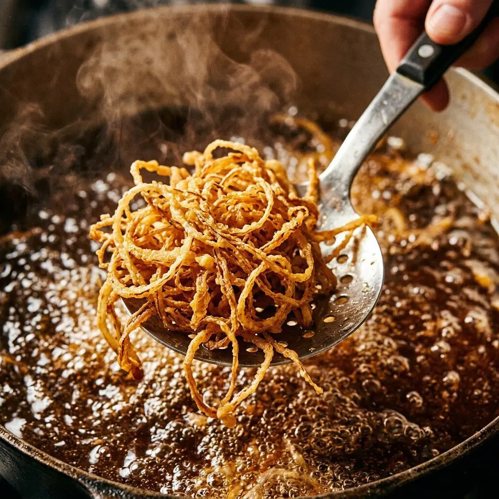 Extreme close-up action shot using a silver slotted spoon to carefully lift a massive tangle of ultra-crispy, golden-brown fried onion strings out of a pot of bubbling hot frying oil