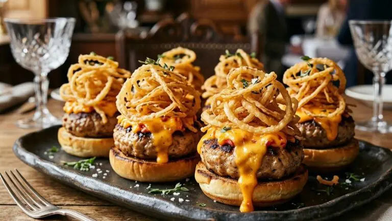 Stunning plated serving of Turkey Burger Sliders with Pimento Cheese and Crispy Fried Onions, a chef-tested recipe by Chef Jorj Morgan.