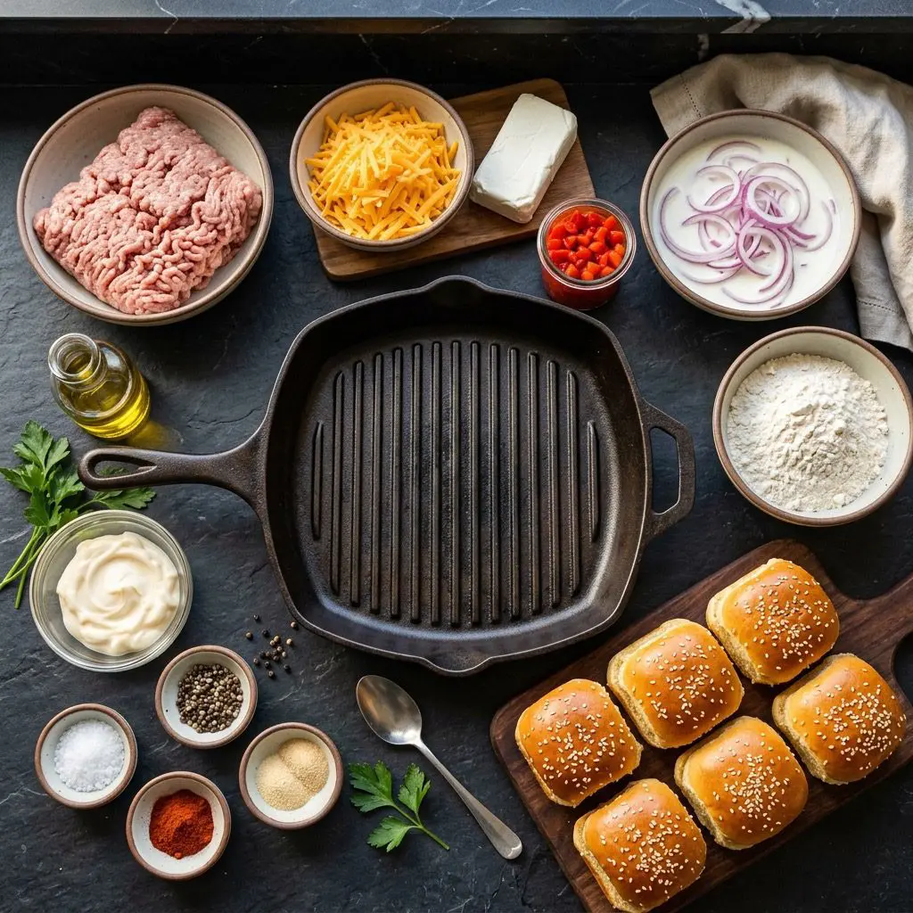 Overhead prep shot of fresh ingredients for Turkey Burger Sliders with Pimento Cheese, including ground turkey, cheeses, jarred pimentos, buttermilk-soaked onions, and slider rolls