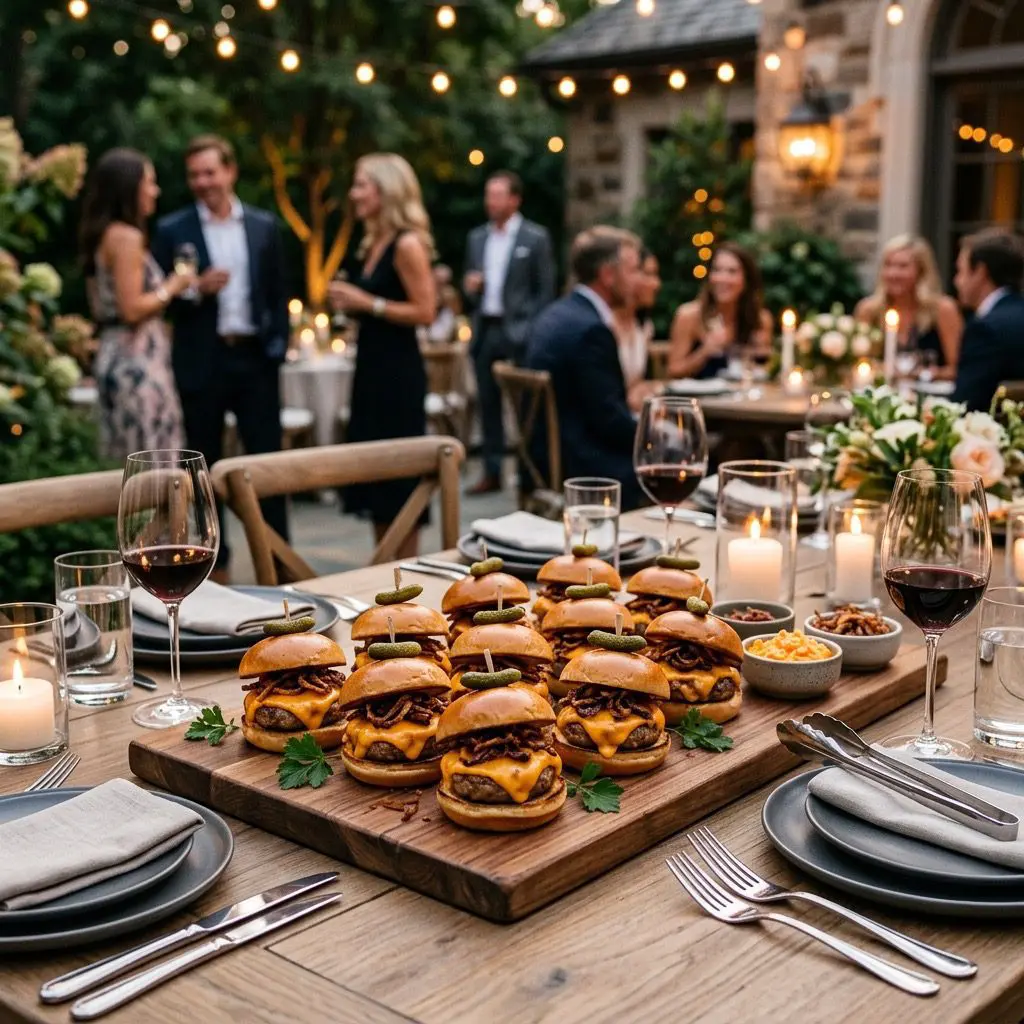 An elegant, formal evening outdoor dinner table setting featuring a large wooden board loaded with beautiful Turkey Burger Sliders topped with pimento cheese and crispy onions