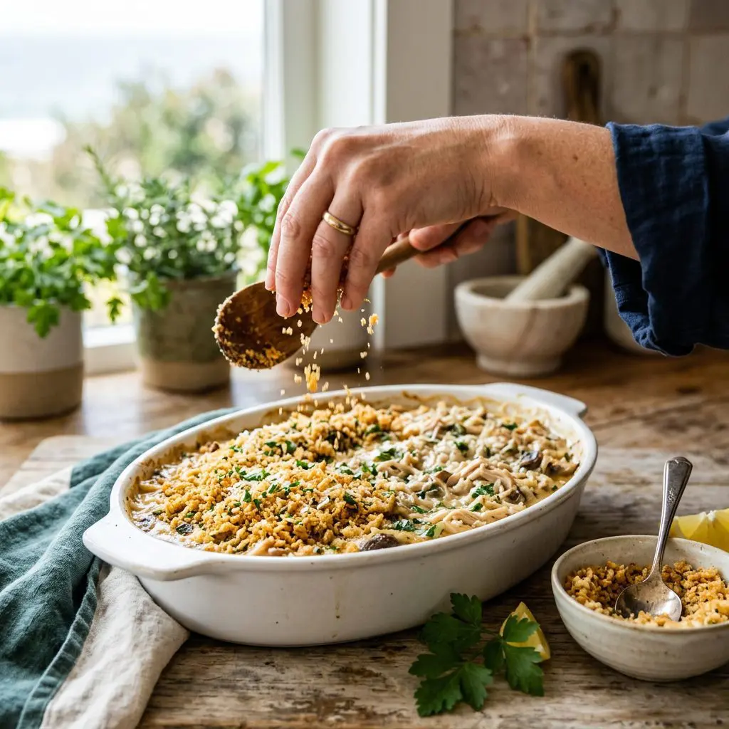 Close-up action shot of a cook's hand generously sprinkling a heavily buttered, Parmesan-laced panko breadcrumb mixture over the top of a creamy, rich turkey and rice casserole in a white ceramic dish.