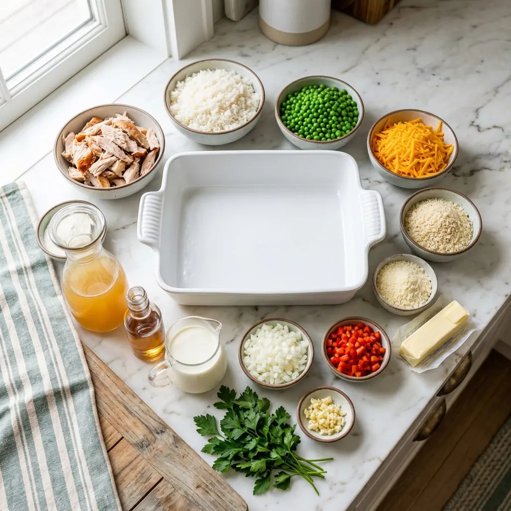 Overhead mise en place shot of ingredients aesthetically arranged: shredded cooked turkey, white rice, bright green peas, shredded sharp cheddar, panko breadcrumbs, Parmesan, a stick of butter, sherry, heavy cream, chicken stock, diced onions, red bell peppers, garlic, and fresh parsley around a heavy white ceramic baking dish on a marble prep board.