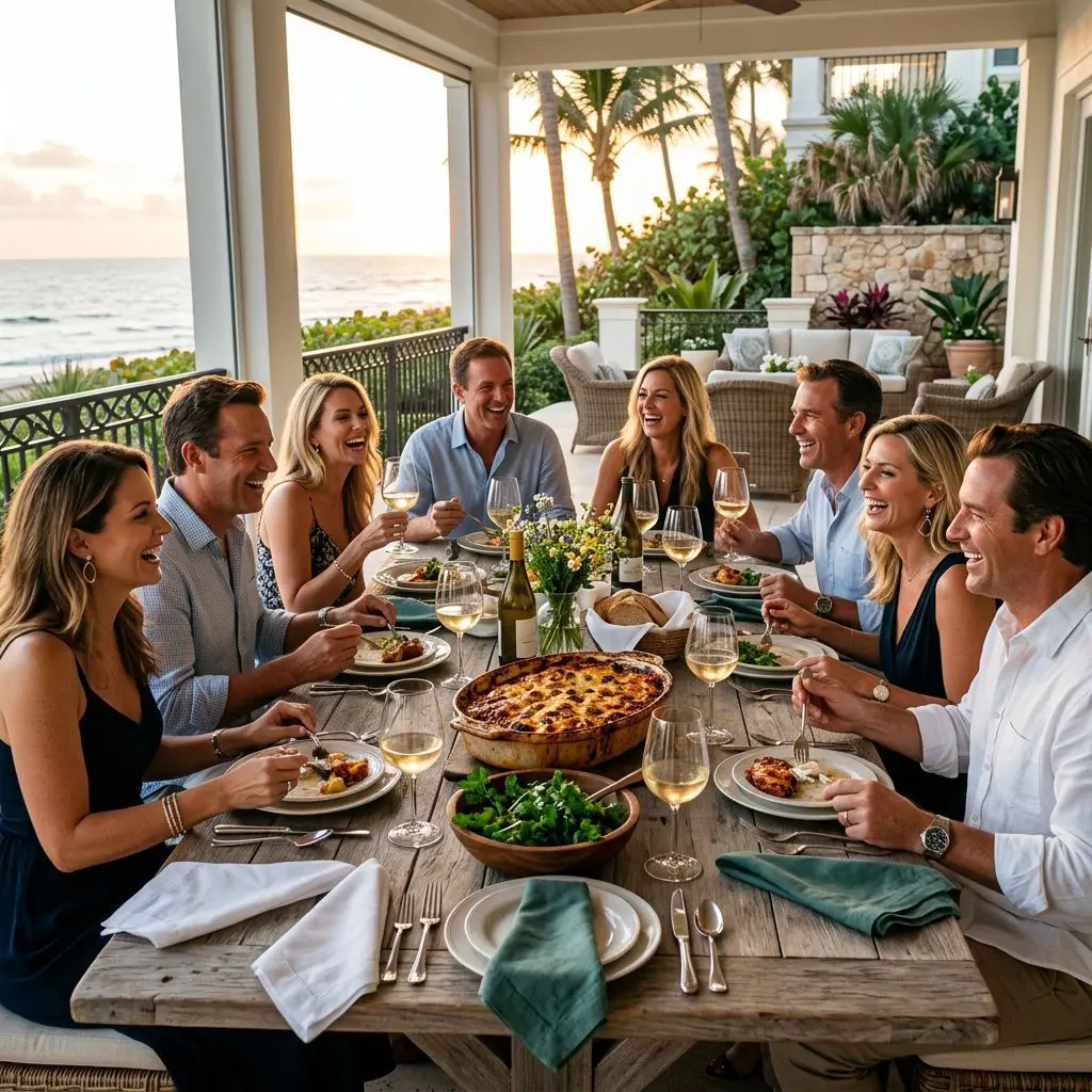 An elegant, warmly lit dining table setting explicitly featuring a Party of 8 gathered around the table laughing, eating, and drinking elegant Chardonnay in wide-bowled glasses in a luxurious Palm Beach Estate dining patio with ocean views. A massive, bubbling ceramic baking dish of Casserole anchors the deeply nostalgic, cozy gathering.