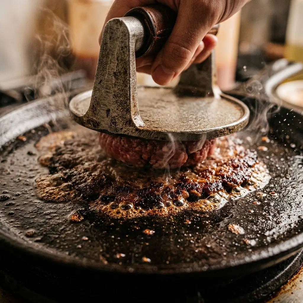 Extreme close-up action shot aggressively pressing and smashing a ball of ground beef completely flat onto a smoking hot cast-iron griddle
