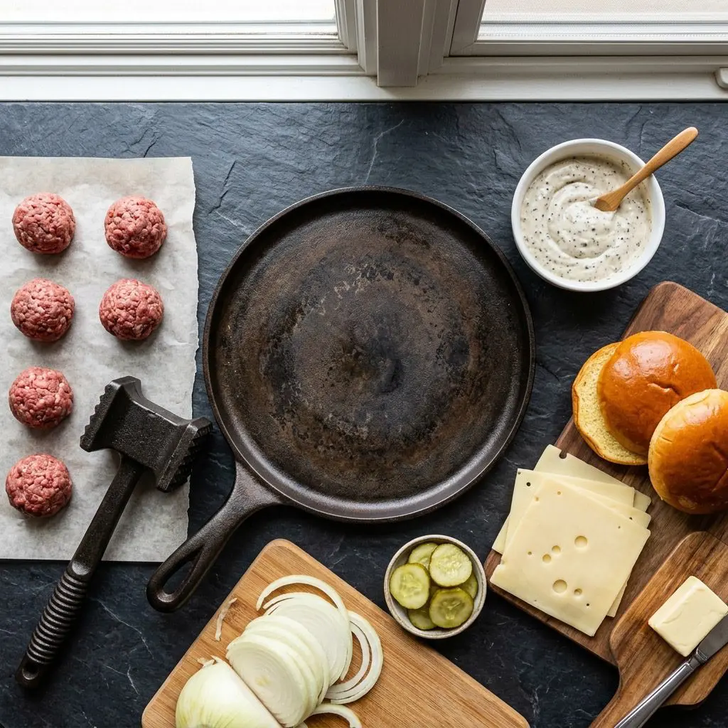 Overhead prep shot of fresh ingredients for gourmet Smash Burgers, including ground beef balls, Swiss cheese, truffle mayonnaise, pickles, onions, brioche buns, and a heavy meat mallet