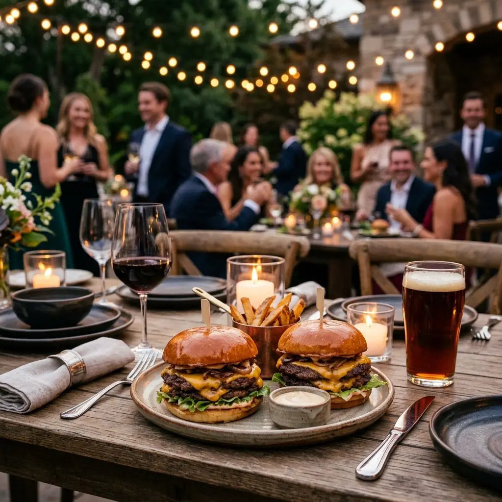 An elegant, formal evening outdoor dinner table setting featuring a platter of stunning, crispy double Smash Burgers in toasted brioche buns, with a sophisticated patio gathering in the background