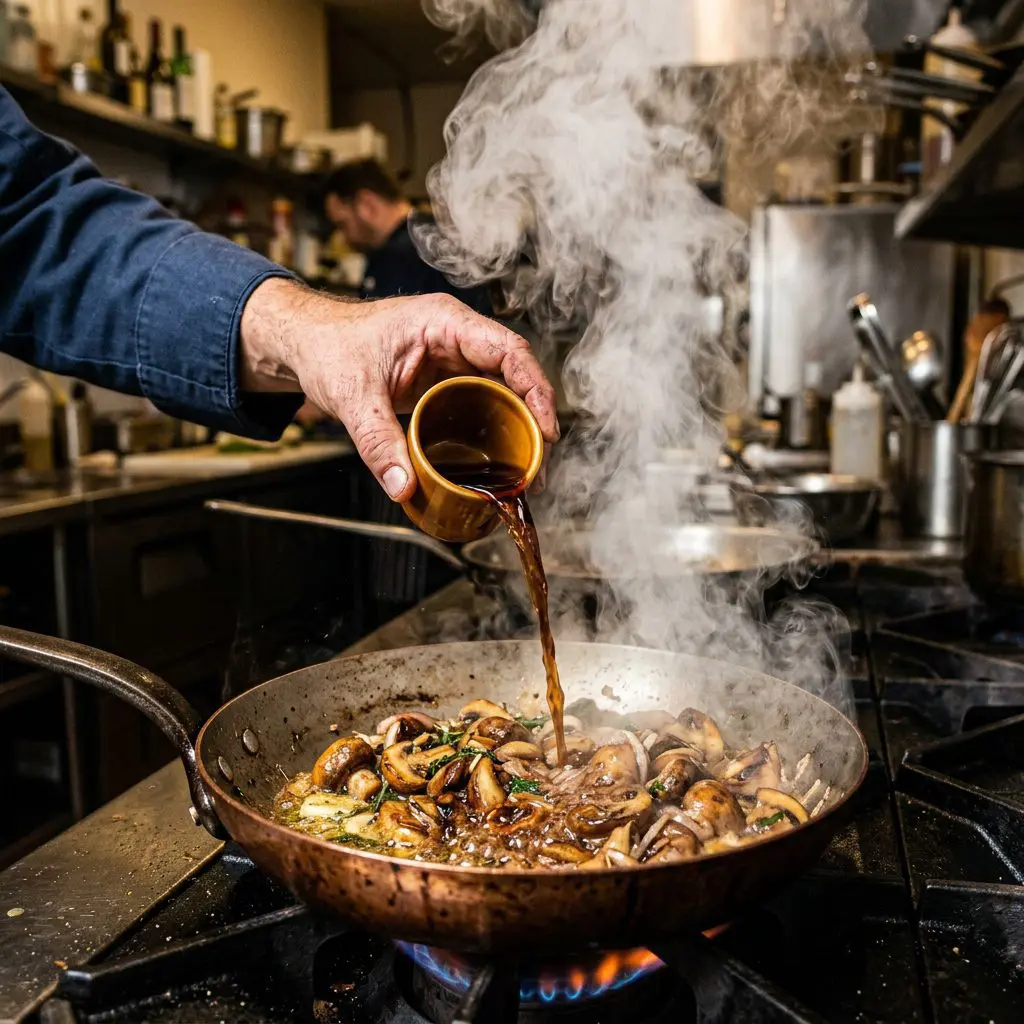 A cook's hand pouring a cup of dark Marsala wine into a hot, steaming copper skillet filled with sizzling, caramelized mushrooms and shallots, showing a dramatic plume of steam rising up.